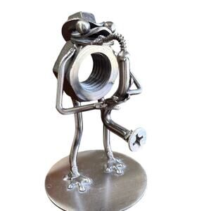 Steampunk Saxophone Playing Frog Nuts, Bolts and Screws Art Deco Table Figurine